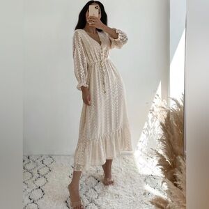 Zara bohemian maxi dress sheer beige swiss dot tie button peasant sleeve XS NEW